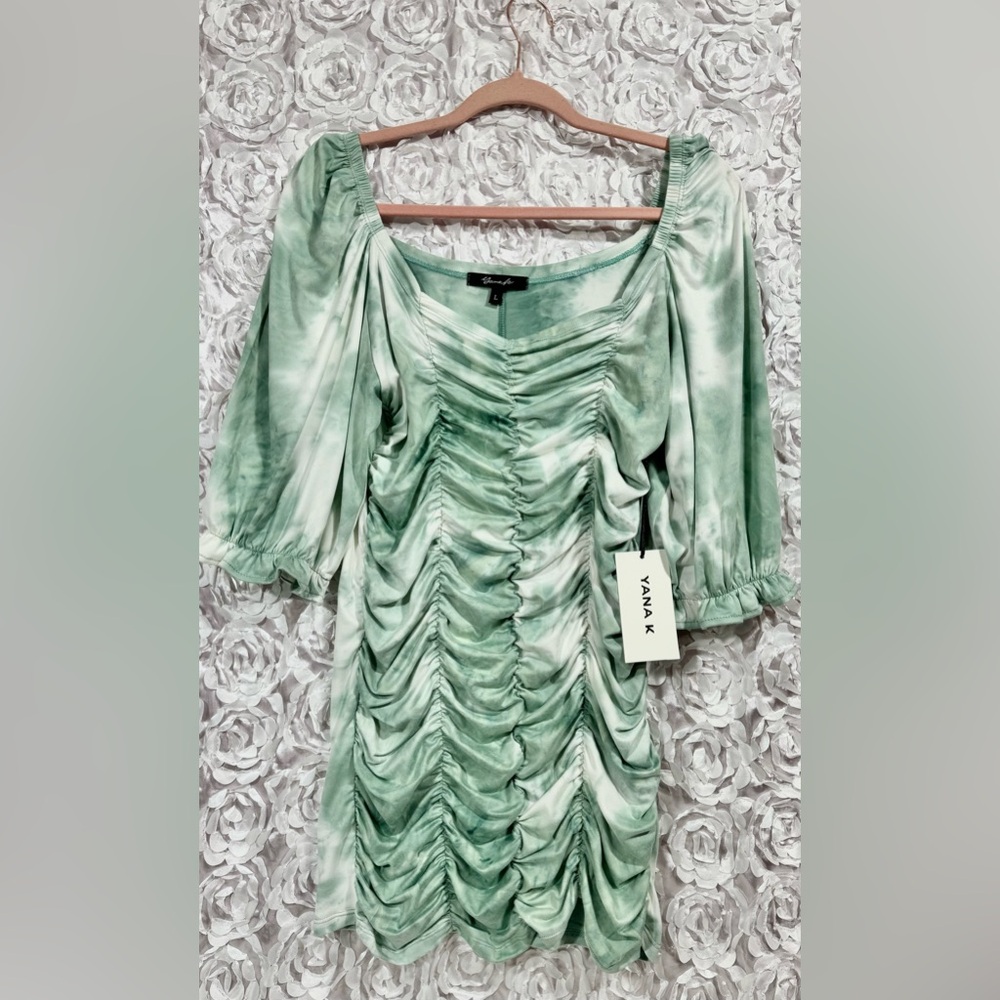 NWT Yana K Venetian Mini Dress Sage Green Tie Dye Ruched  Sz Large USA MSRP $128